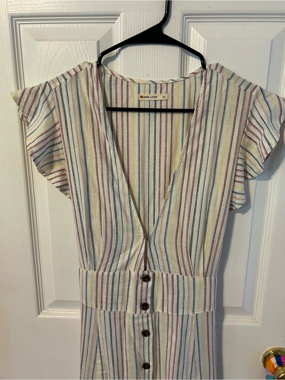 Marine Layer Camila dress in rainbow striped with cap sleeves, tie back, pockets